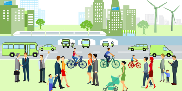 Die Vektorgrafik zeigt Menschen, die mit verschiedenen Verkehrsmitteln unterwegs sind.