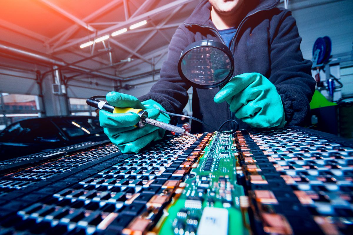 Mann mit Handschuhen arbeitet an Batterie