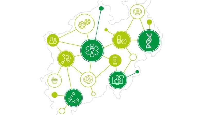 Das Bild zeigt einen geographischen Umriss des Landes NRW, auf dessen Oberfläche Symbole mit Bezug auf Forschung zu sehen sind.