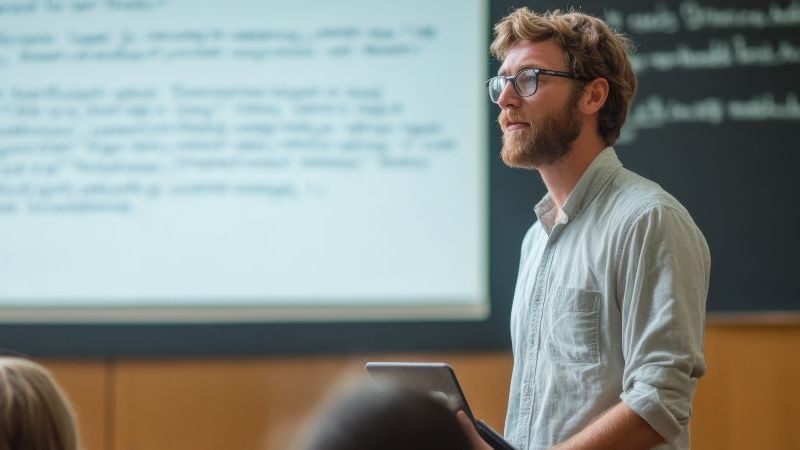 Das Bild zeigt einen jungen Wissenschaftler. Er hält in einem Hörsaal einen Vortrag und hat ein Tablet in der Hand.